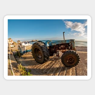 Fisheye view of a tractor, trailer and fishing boat on Cromer Beach on the North Norfolk Coast Sticker